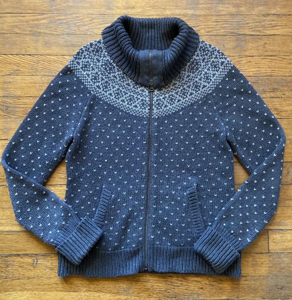 TALBOTS Gray Full Zip Funnel Neck Cable Knit Sweater sz L Petites